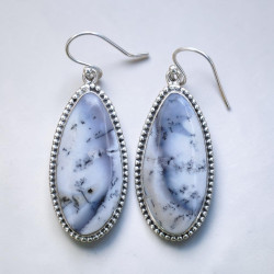 Longues boucles d'oreilles argent ciselé et pierre en Agate dendrite (blanc)
