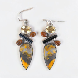 Longues boucles argent 5 pierres Jaspe bourdon Citrine Cornaline Tourmaline