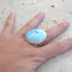 Grosse bague poire en argent et pierre Larimar T57