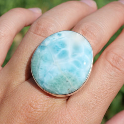 Grosse bague poire en argent et pierre Larimar T57