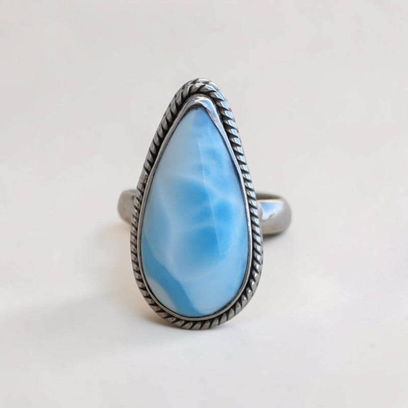 Bague pierre goutte en Larimar et argent strié T52