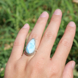 Bague pierre goutte en Larimar et argent strié T52