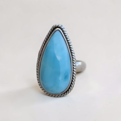 Bague goutte en pierre Larimar et argent strié T51