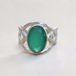 Bague argent croisé et pierre facettée Agate verte T57