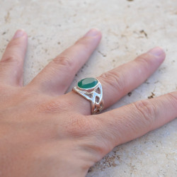 Bague argent croisé et pierre facettée Agate verte T57