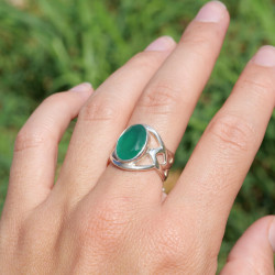 Bague argent croisé et pierre facettée Agate verte T57