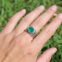 Anneau ajouré spirales argent et pierre Agate verte T62
