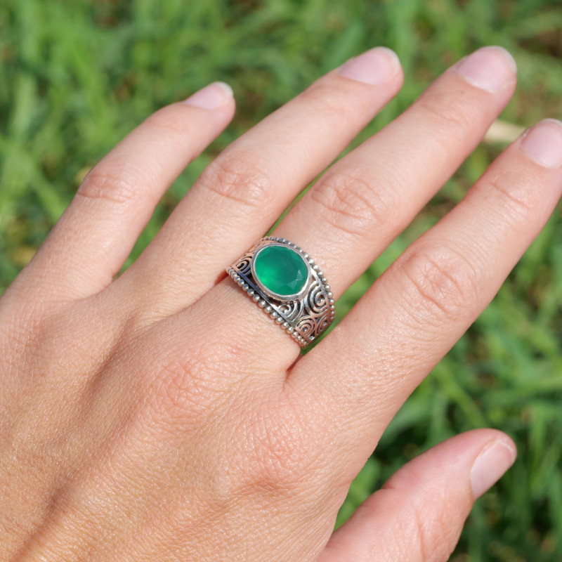 Anneau ajouré spirales argent et pierre Agate verte T62