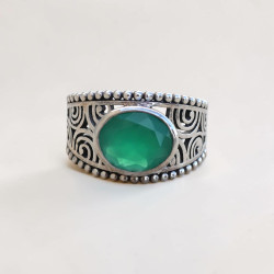 Anneau ajouré spirales argent et pierre Agate verte T62