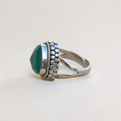 Bague trillion haute argent ciselé et pierre Agate verte T55 réglable