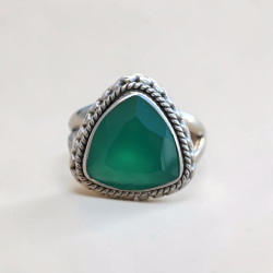 Bague trillion haute argent ciselé et pierre Agate verte T55 réglable