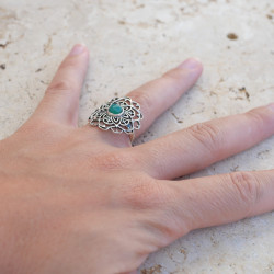 Bague fleur de lotus en argent et Agate verte T53