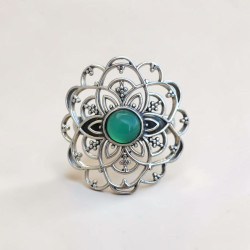 Bague fleur de lotus en argent et Agate verte T53