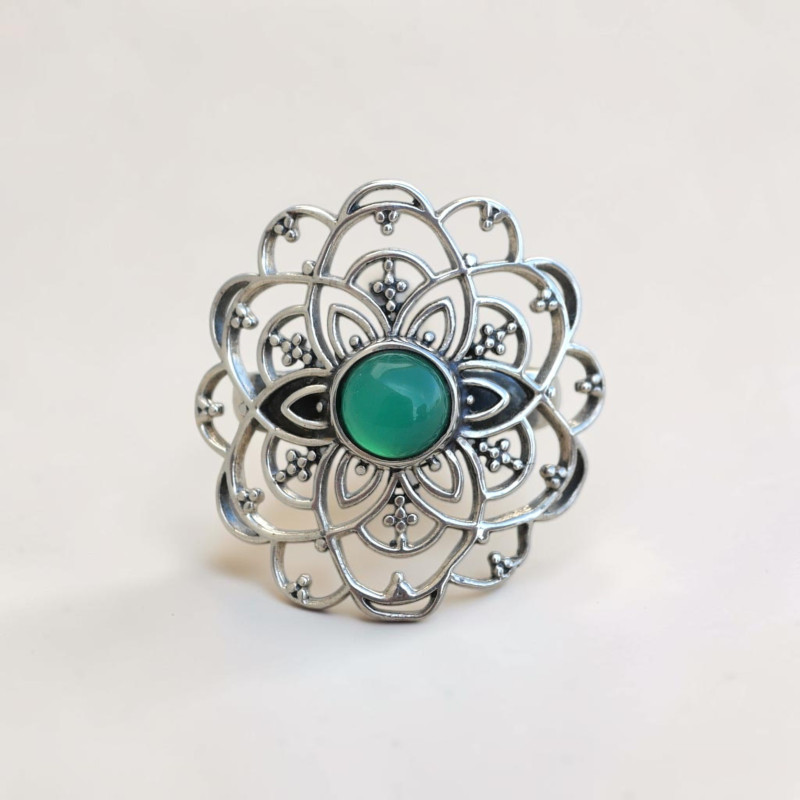 Bague fleur de lotus en argent et Agate verte T53