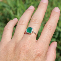 Petite bague pierre carrée Agate verte et argent T55
