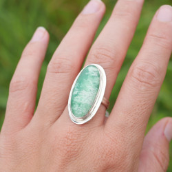 Bague argent lisse et pierre Chrysoprase oblongue T56