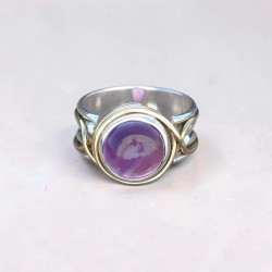 Bague argent avec dorure et pierre ronde en Améthyste (violet) T52