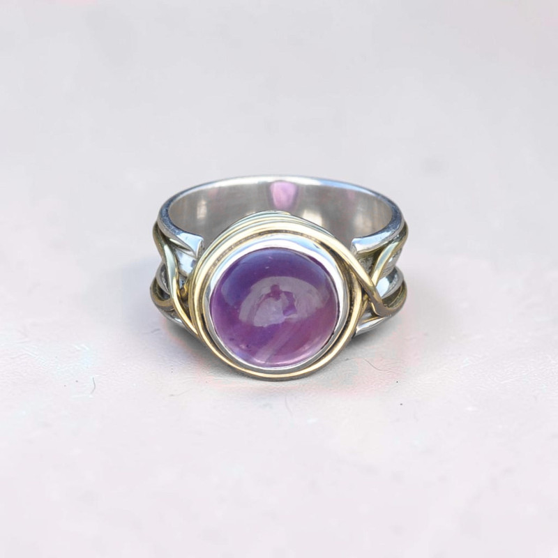 Bague argent avec dorure et pierre ronde en Améthyste (violet) T52