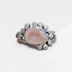 Bague argent pierre goutte en Quartz rose et zircons T60