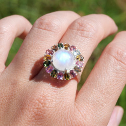 Bague ronde argent et 17 pierres griffées Tourmaline et Pierre de lune T60