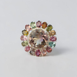 Bague ronde argent et 17 pierres griffées Tourmaline et Amétrine T55