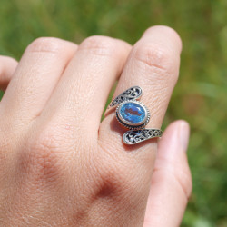 Bague Topaze bleue argent ciselé et oxydé T60