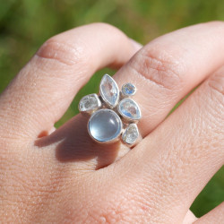 Bague multipierres argent 6 pierres Aigue marine et Topaze bleue T50