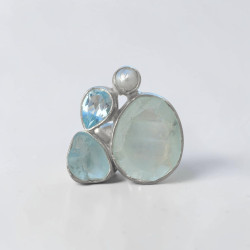 Bague multipierres argent 4 pierres Aigue marine, Topaze bleue et Perle T52