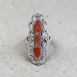 Longue bague argent ajouré & travaillé et 3 pierres Cornaline T61