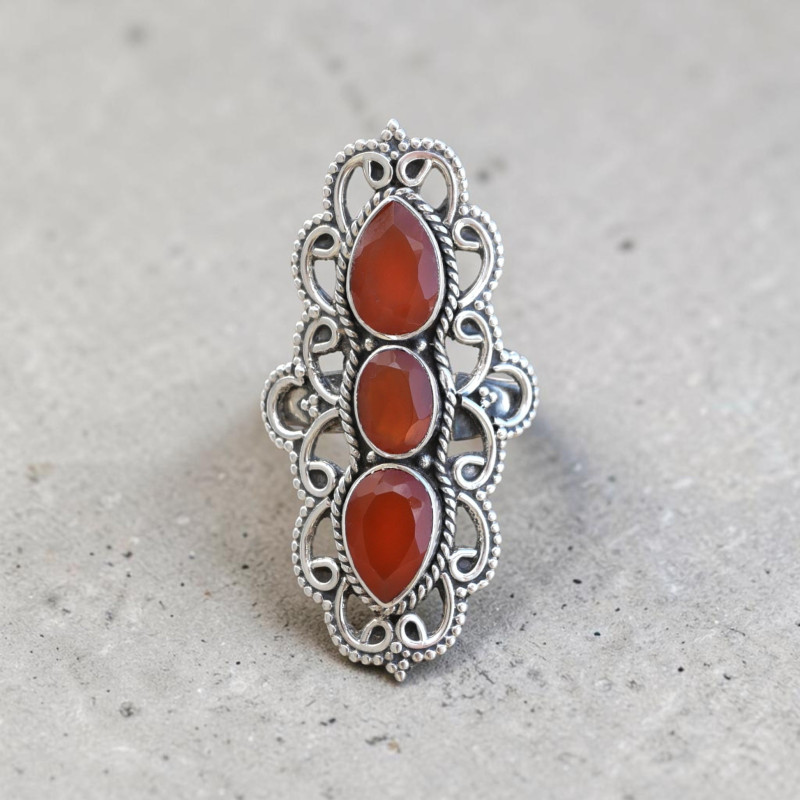 Longue bague argent ajouré & travaillé et 3 pierres Cornaline T61