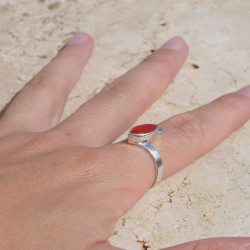 Bague asymétrique argent et pierre navette en Cornaline T61