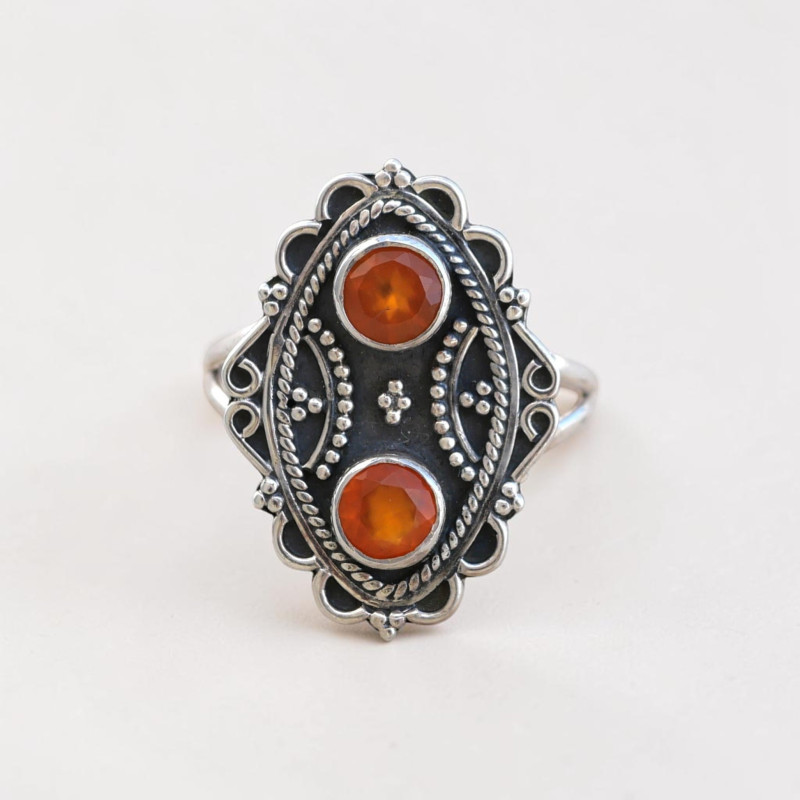 Bague style ancien argent oxydé et 2 pierres Cornaline T58