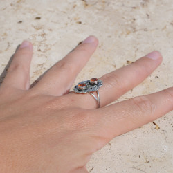 Bague style ancien argent oxydé et 2 pierres Cornaline T58