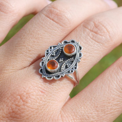 Bague style ancien argent oxydé et 2 pierres Cornaline T58