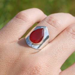 Bague large pointe argent et pierre facettée Cornaline T51