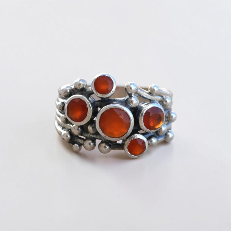 Bague argent travaillé 5 pierres rondes Cornaline T56