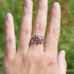 Bague argent travaillé 5 pierres rondes Cornaline T56