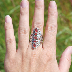 Longue bague argent ajouré 5 pierres en Cornaline T62