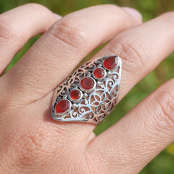 Longue bague argent ajouré 5 pierres en Cornaline T62