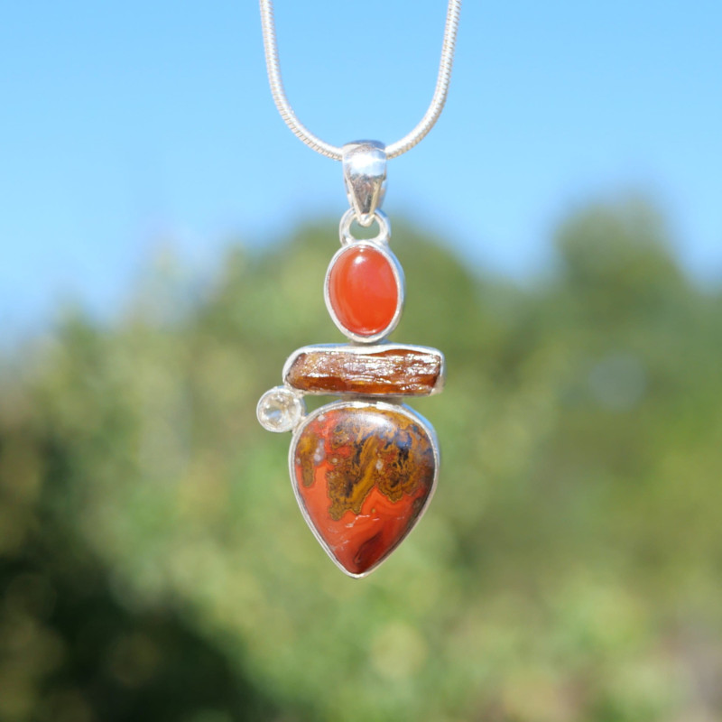 Pendentif argent et 4 pierres Jaspe, Pierre de soleil, Cornaline et Citrine
