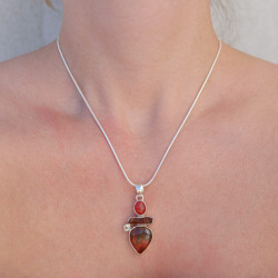 Pendentif argent et 4 pierres Jaspe, Pierre de soleil, Cornaline et Citrine