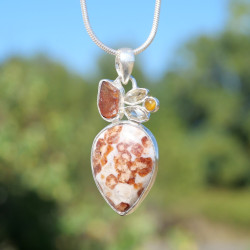 Pendentif argent et 5 pierres Jaspe, Pierre de soleil, Citrine et Oeil de tigre