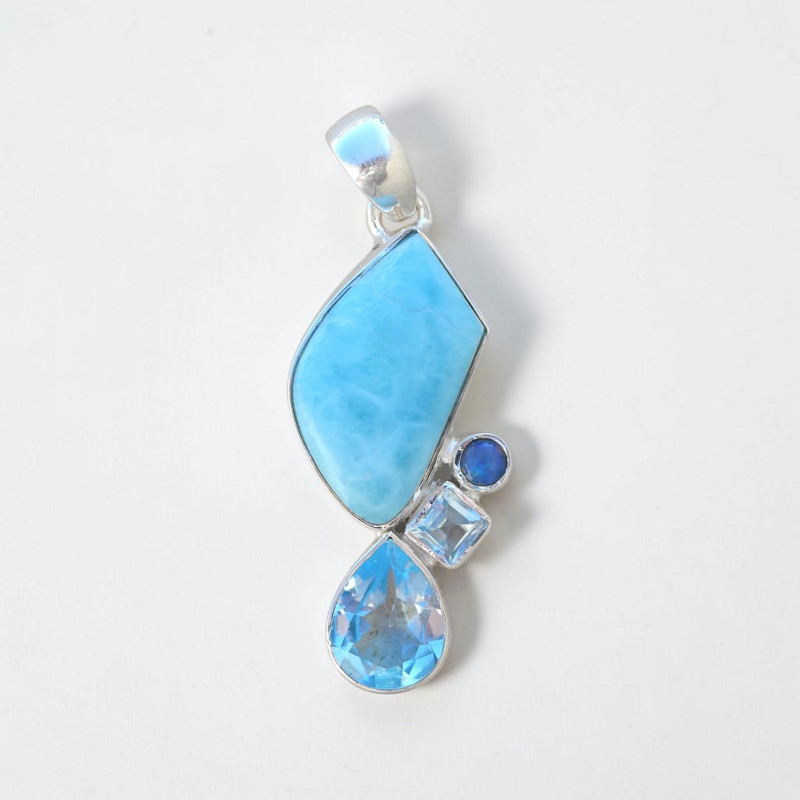 Pendentif argent 4 pierres Larimar Topaze bleue et Opale