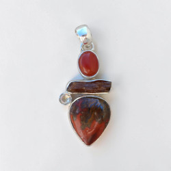 Pendentif argent et 4 pierres Jaspe, Pierre de soleil, Cornaline et Citrine