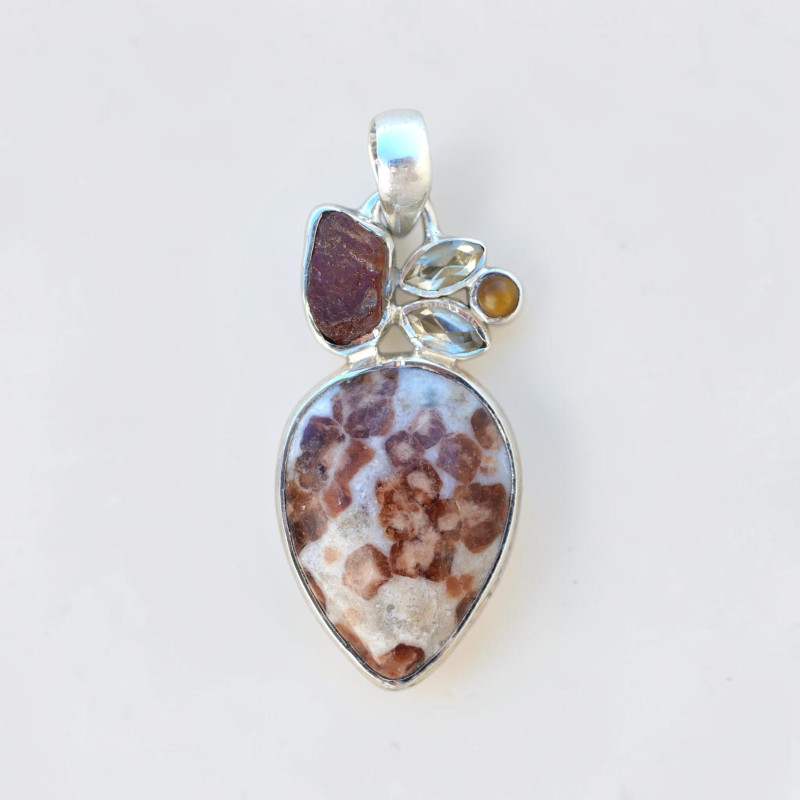 Pendentif argent et 5 pierres Jaspe, Pierre de soleil, Citrine et Oeil de tigre