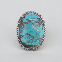 Grosse bague ovale argent ciselé et Turquoise du Tibet (bleu) T55
