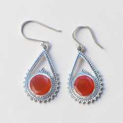 Boucles d'oreilles gouttes argent ciselé et Cornaline