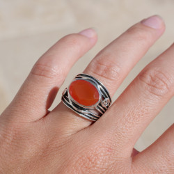 Bague large pierre horizontale Cornaline et argent T56