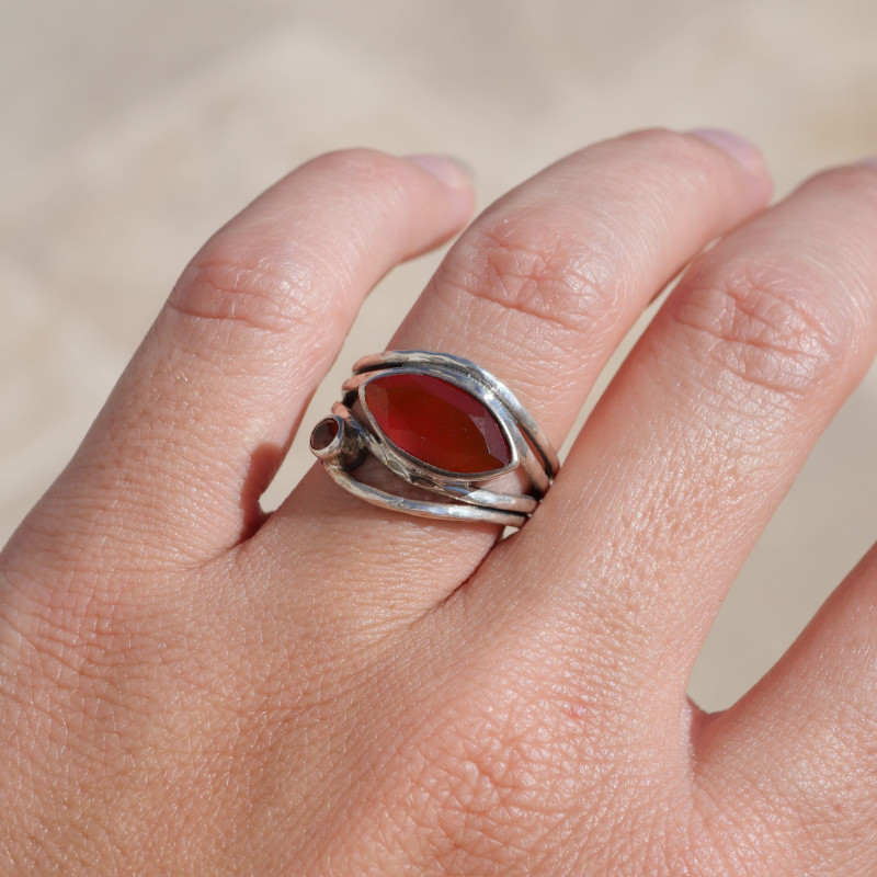 Bague 4 fils d'argent martelé 2 pierres Cornaline T55