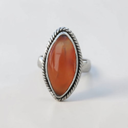 Bague navette argent strié et pierre Cornaline T50